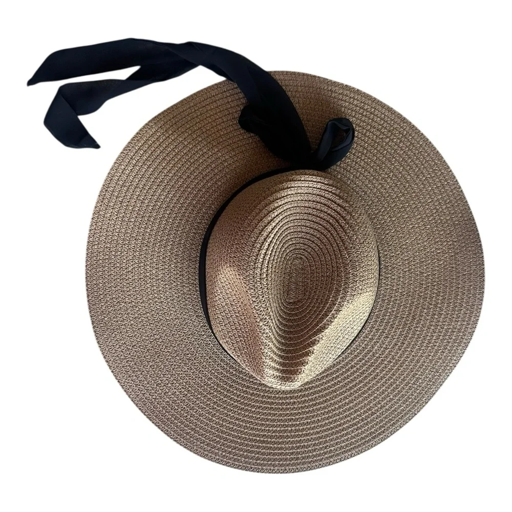 NWT‎ Vince Camuto sun hat black and tan with ribbon one size